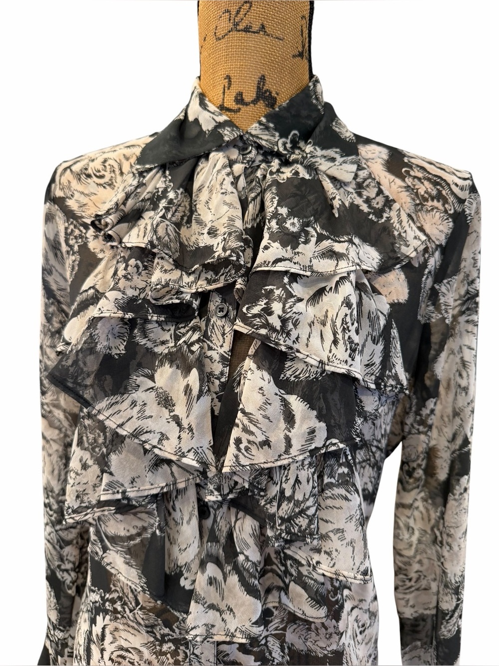 cabi Sheer Floral Ruffle Button Down Blouse Black Cream Size M - Picture 5 of 6
